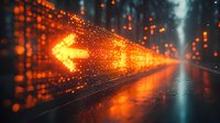 Glowing orange arrow light on wet city street at night with bokeh effect and reflections creating futuristic urban atmosphere. Suitable for technology concepts.