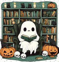 Cute ghost reading book in armchair with Halloween decorations, black cats, skulls and pumpkins against vintage bookshelf background in cozy library setting.