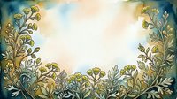 Watercolor floral frame with green herbs and yellow wildflowers on soft pastel background, copy space for text or design.