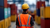 Male dock worker wearing orange safety vest and yellow hard hat walking among shipping containers at industrial port terminal. Back view in blurred background.