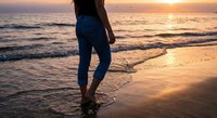 Woman walking barefoot on sandy beach at golden sunset with ocean waves and warm light reflecting on water for wellness and vacation concepts.