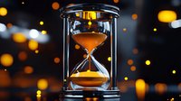 Glowing hourglass with flowing sand against dark background with golden bokeh lights, symbolizing time management and deadline concept.