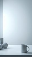 Minimalist workspace with gray mug and sphere on white desk against neutral wall background, suitable for corporate branding and modern office design projects.
