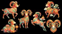 Colorful decorative goats with ornate patterns, curled horns, and festive details isolated on transparent background. Ready for t-shirt design, clipart, stickers, sublimation, and print-on-demand projects.