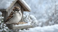 Sparrow perched on snowy wooden bird feeder in winter garden, blurred white background creates peaceful seasonal atmosphere.