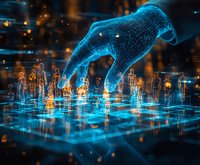 Digital wireframe hand reaching towards glowing human figures on illuminated blue grid surface with floating light particles, representing artificial intelligence and human interaction.