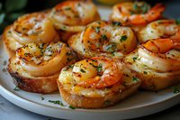 Grilled jumbo shrimp on toasted garlic bread with herbs and butter sauce, close up view of appetizing seafood bruschetta served on white plate.