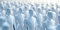 Mysterious crowd of identical figures in white standing together, creating atmospheric depth effect. Futuristic concept representing unity and conformity.