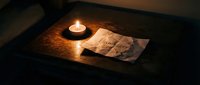 Candlelit wooden table with a crumpled handwritten note reading I am sorry, evoking remorse, apology, and emotional depth in moody dark atmosphere.