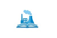 Industrial education concept with factory and open book symbolizing manufacturing knowledge and technical learning for students.
