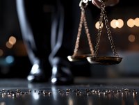 Vintage brass scales of justice on dark background with dramatic lighting and bokeh effect, symbolizing law, judgment and legal proceedings.
