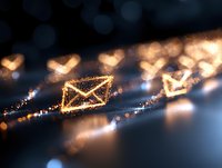 Glowing golden email envelope icons with sparkles floating on dark background, digital communication concept with bokeh light effects and depth of field.