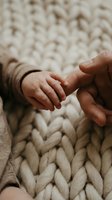 Newborn baby hand gently gripping parent finger on chunky knit blanket, capturing tender bond and unconditional love in soft warm tones.