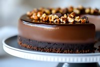 Decadent chocolate mousse cake topped with caramelized nuts on white ceramic plate, rich dark chocolate ganache coating and crunchy cookie base.