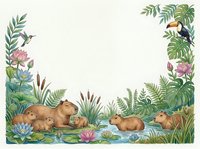 Tropical jungle frame with cute capybaras family relaxing by water surrounded by lush green foliage, exotic plants and colorful flowers on light background.