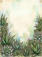 Watercolor succulent plants frame with soft pastel background creating botanical border for wedding invitations and greeting cards.