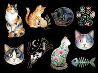 Calico cat sitting with fluffy tail, orange tabby kitten playing with plants, black cat sleeping in circle, colorful paw print, cat face with green eyes, white cat jumping, potted flowers with cat silhouette, and decorative fish isolated on transparent background. Ready for t-shirt designs, stickers, clipart, sublimation, and print-on-demand products.
