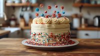 Festive vanilla cake with patriotic red, white and blue sprinkles, buttercream frosting swirls and star decorations on wooden table in rustic kitchen setting.