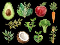 Healthy organic vegetables and fruits isolated on transparent background, including avocado, apple, broccoli, carrot, coconut and leafy greens. Ready for t-shirt design, clipart, stickers and print-on-demand products.