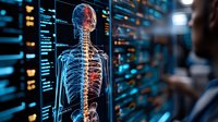 Medical visualization showing digital human skeleton with highlighted spine on blue technological interface background with data analytics display.