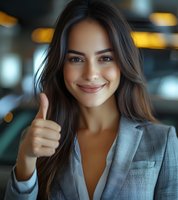 Young businesswoman in grey suit jacket showing thumbs up with confident smile against blurred background with bokeh lights. Professional success concept.