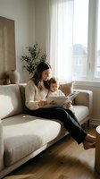 Young Caucasian mother reading a picture book to her toddler on a cozy beige sofa in a bright, modern living room with natural light.