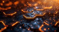 Glowing hexagonal structures with orange light effects on dark textured surface, creating futuristic technological atmosphere with sparkling particles.