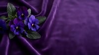 Purple pansies with green leaves on luxurious violet silk fabric background for elegant floral arrangements and decorative design projects.