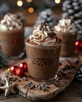 Festive chocolate mousse dessert topped with whipped cream and chocolate shavings, served in glass cups with Christmas decorations and bokeh lights creating cozy holiday atmosphere.
