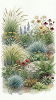 Watercolor botanical garden scene with ornamental grasses, wildflowers, poppies, lupines and ferns in natural landscape composition for home decor.
