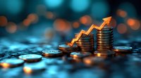 Glowing orange arrow rises over stacked coins against blurred blue bokeh background, representing financial growth and investment success in business.