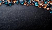 Sparkling blue and copper crystals arranged on dark slate background creating elegant border design with copy space for luxury product presentation.