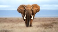 Majestic African elephant with large tusks standing in dry savanna grassland against blue sky background, wildlife conservation concept.