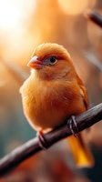 Small orange canary bird perched on branch with warm golden sunlight creating soft bokeh background for nature and wildlife photography projects.