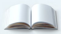 Open blank book with white pages spread against light background, displaying natural page curl and binding detail. For mockup and educational design projects.