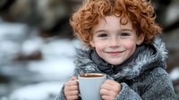 Young child with curly ginger hair wearing winter coat with fur hood holds white mug of hot chocolate, smiling warmly against snowy winter background.