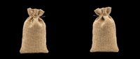 Two rustic burlap drawstring sacks isolated on transparent background, ready for T-shirts, stickers, clipart, sublimation, and print on demand design use.