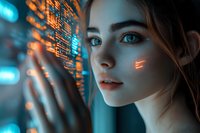 Young woman with glowing orange digital projection on face against blue technological background with data streams and code elements.