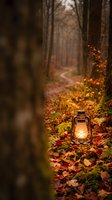 Vintage lantern glowing warmly among colorful autumn leaves on forest floor with winding path through misty woodland trees creating cozy atmospheric scene.