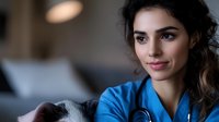 Young female medical professional in blue scrubs holding small black and white dog during veterinary examination in modern clinic setting. Caring approach in pet healthcare.