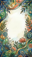 Watercolor floral frame with gold outlines, swirls, stars, and lotus flowers in teal, blue, and coral tones, with blank center for text.