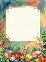 Watercolor culinary frame with fresh vegetables, herbs, cooking utensils and gold border on colorful wash background. Isolated design ready for recipe cards, menus, cooking blogs.
