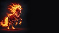 Fiery horse rearing with flames as mane and tail on dark background. Fantasy creature with burning orange and red fire effects for creative projects.