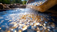 Cascading water from wooden channel creates mesmerizing ripples and golden reflections in blue pool, capturing tranquil zen garden atmosphere at sunset.
