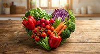 Heart-shaped arrangement of fresh organic vegetables including broccoli, bell peppers, tomatoes, carrots, radishes and leafy greens on rustic wooden table.