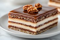 Layered chocolate and vanilla cream dessert with walnut topping on white plate. Rich ganache glaze creates elegant finish for gourmet pastry presentation.