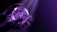 Gloved hand holding glowing plasma ball with electric purple energy tendrils on dark background, suitable for science fiction, technology, and mystical design projects.