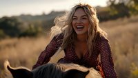Young Caucasian woman with blonde wavy hair laughing while horseback riding in polka dot dress during golden hour sunset in rural countryside setting.
