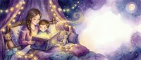 Mother reading bedtime story to child under starry night sky with magical glowing lights creating cozy dreamy atmosphere for sweet dreams and bonding.