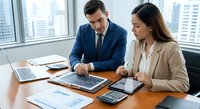 Professional business team analyzing financial data on tablet in modern office with city skyline view during corporate meeting and strategic planning session.